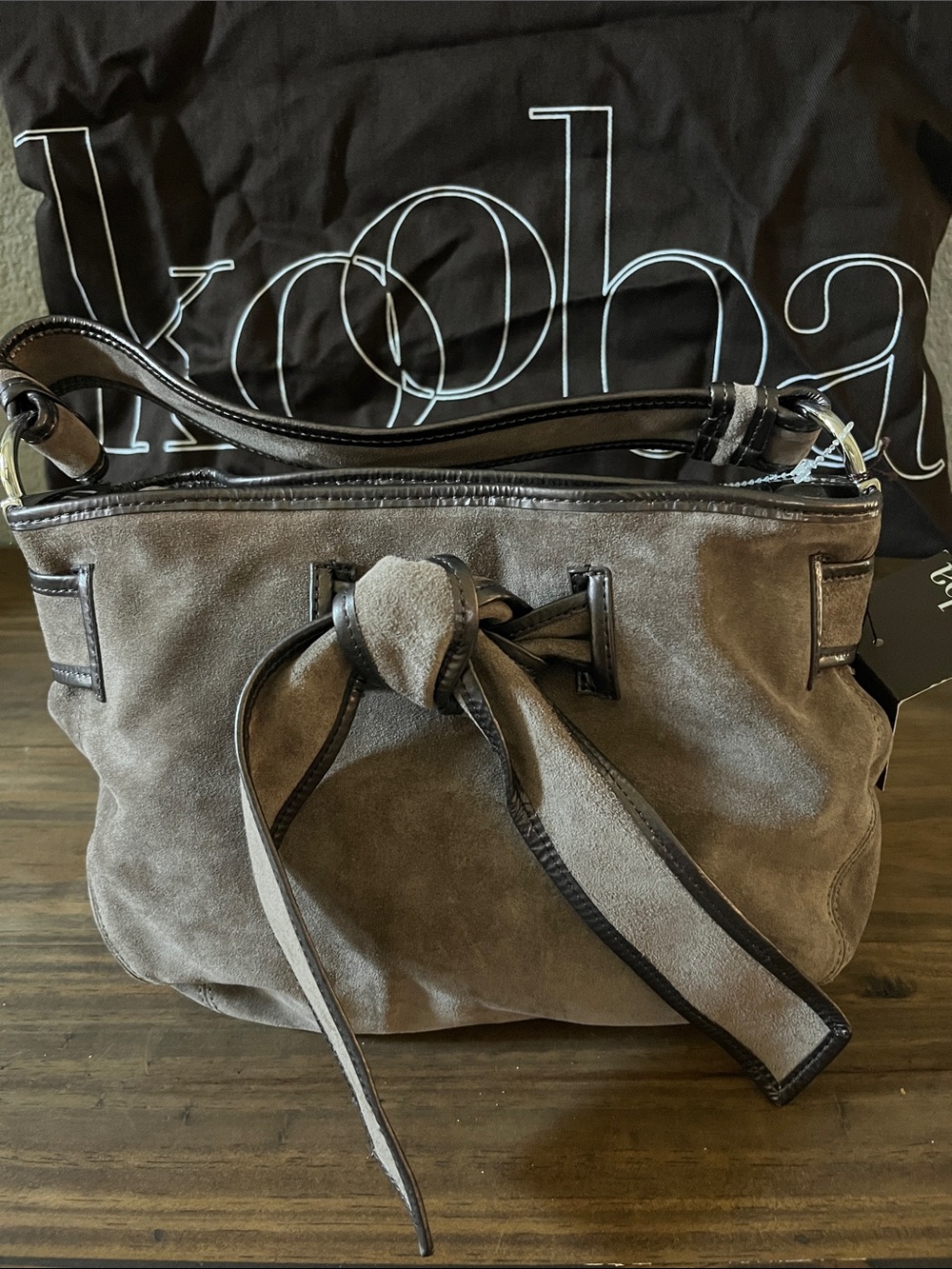 Kooba Taupe Suede Shoulder Bag with Knot Detail